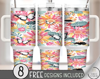 Flowers 40 oz Tumbler Wrap, Summer Floral Design, Bright Daisy Cottagecore, Digital Download, B921