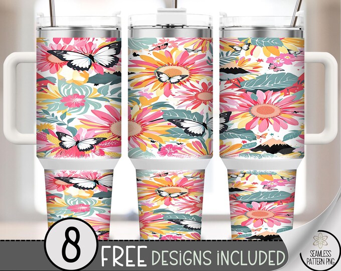Flowers 40 oz Tumbler Wrap, Summer Floral Design, Bright Daisy Cottagecore, Digital Download, B921