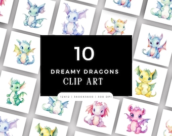 Watercolor Dreamy Dragon Clipart Bundle PNG JPG Spring Summer Clip Art Digital Instant Download Commercial Use, Childrens Novelty Design