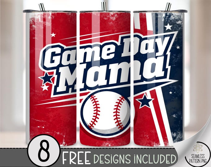 Game Day Mama 20 oz Tumbler Wrap, Vintage Sublimation Design for Straight Tumblers, Retro Baseball PNG Files, B10073