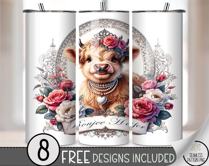 Boujee Heifer 20 oz Tumbler Wrap PNG, Instant Digital Download, Lovely Highland Cow, Cute Design, Sublimation, A750
