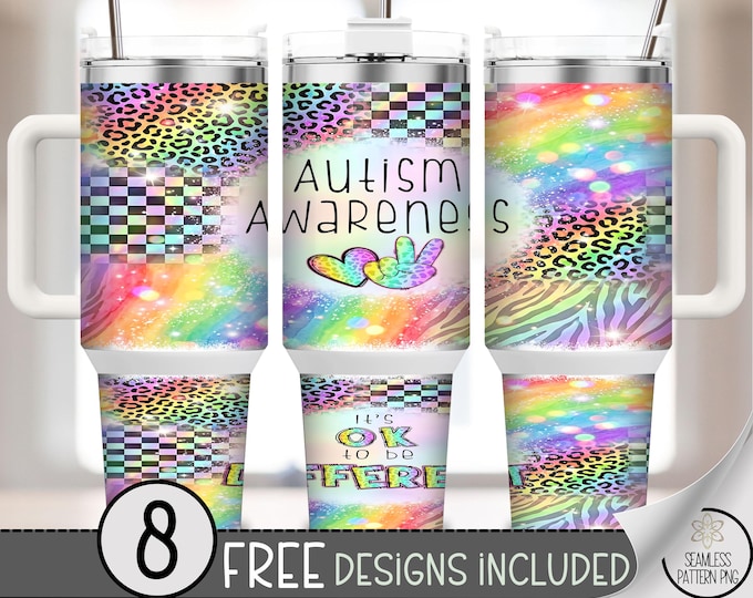 Autism Awareness 40 oz Tumbler Wrap, Inspirational Sublimation Design, "It's OK to be Different" Rainbow Heart PNG Glitter Pattern B10138