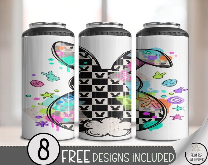 Easter Bunny PNG, Checkered Easter Sublimation Design For 4-in-1 Can Cooler, Digital Download, Neon Design, B881