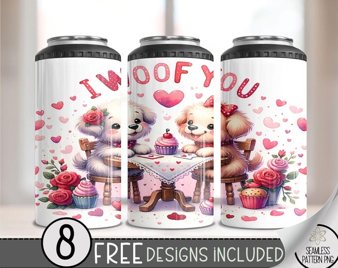 Valentine Puppy 4in1 Can Cooler Wrap, Doggy Sublimation Design, Vday 16 Oz Slim, Cute 4 in 1 Tumbler PNG, Valentines 16 Oz Can Cooler