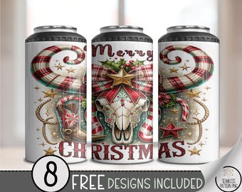 Western Christmas 4in1 Can Cooler Wrap, Festive Digital Design, Longhorn Skull with Poinsettia PNG Candy Cane Horns Sublimation Design A490