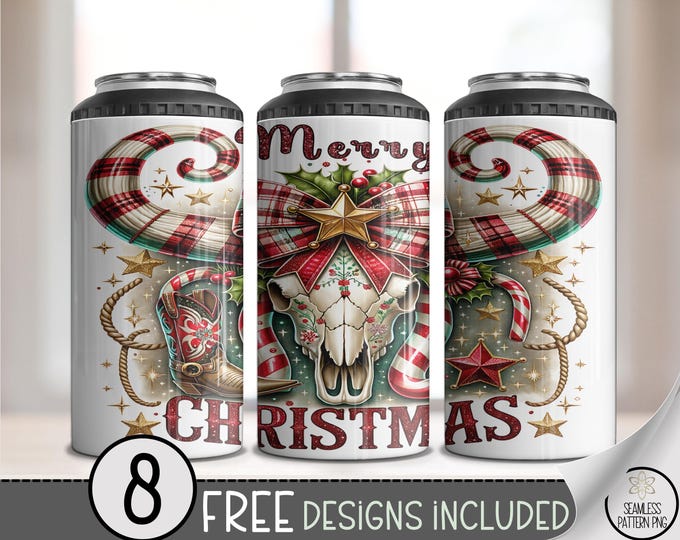 Western Christmas 4in1 Can Cooler Wrap, Festive Digital Design, Longhorn Skull with Poinsettia PNG Candy Cane Horns Sublimation Design A490