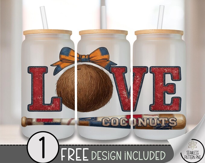 LOVE Coconut Baseball Glass Can Wrap, 16oz Tumbler Sublimation Design PNG File, Digital Download, B10251