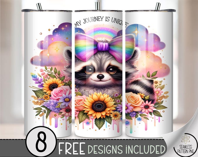 Cute Raccoon 20 oz Tumbler Wrap: Animal Portrait Digital Download Sublimation Design for Skinny Tumblers, Playful Floral PNG Files, A707
