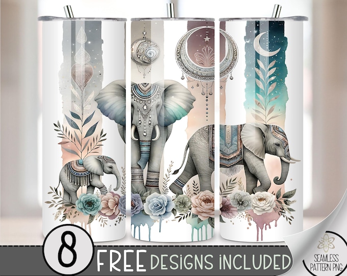 Elephant Tumbler Wrap, Jungle 20oz Skinny Tumbler Sublimation Design, Safari Tumbler Wrap, Floral Moon PNG, Celestial Boho Elephant PNG, A53