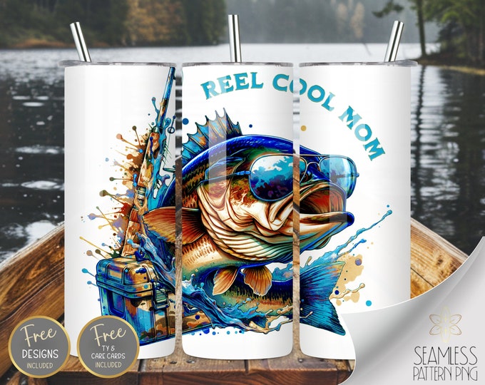 Reel Cool Mom PNG 20 oz Straight Tumbler Wrap Sublimation, Blue Skinny Tumbler Design Files, Bass Fish Camo Image Instant Download