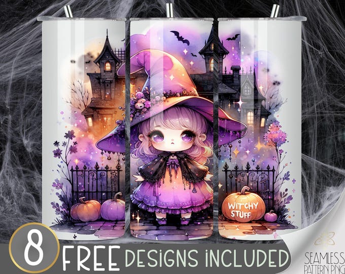 Cute Witch 20 Oz Tumbler Wrap PNG, Halloween Witch Tumbler Wrap 20 Oz Tumbler Design, Whimsigoth Tumbler File, Witchy Vibes Instant Download