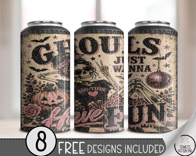 Halloween 4-in-1 Can Cooler Wrap, Skeleton Ghouls Sublimation Design, 16 oz, Digital Download, B10349