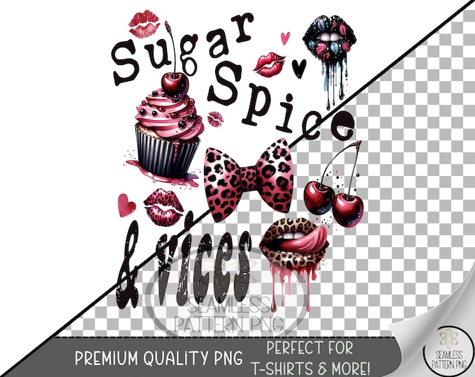 Sugar Spice & Vices Sublimation PNG, Messy Coquette Bow, Grunge Cherry Lips and Cupcake Leopard Bow Clipart, Edgy Girl Sublimation File A259