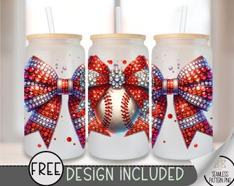 Coquette Baseball Glass Can, Sports Sublimation Design, Rhinestone Baseball 16oz Can Wrap, Trendy Baseball Mama Glass Can Design, A162