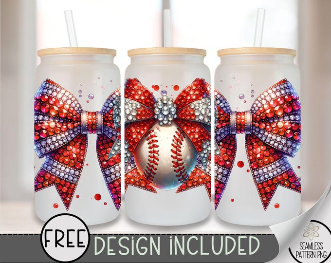 Coquette Baseball Glass Can, Sports Sublimation Design, Rhinestone Baseball 16oz Can Wrap, Trendy Baseball Mama Glass Can Design, A162