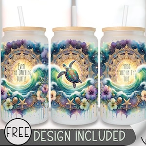 Sea Turtle Glass Wrap, Sea Ocean 16 Oz Glass Can Wrap PNG, Coastal Mandala Glass Can Sublimation Wrap Design, Ocean Beach PNG, A191