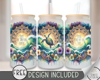 Sea Turtle Glass Wrap, Sea Ocean 16 Oz Glass Can Wrap PNG, Coastal Mandala Glass Can Sublimation Wrap Design, Ocean Beach PNG, A191