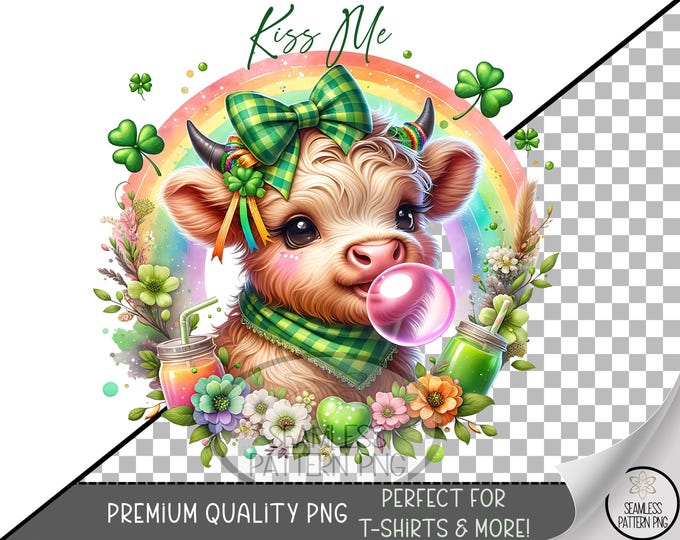 Lucky Cow Sublimation PNG: Coquette Highland Heifer, Digital Download, Shamrock Design, UV DTF, A797
