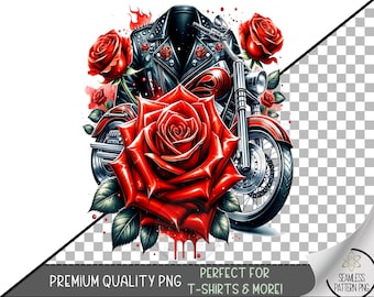 Motorcycle PNG Design, Heavy Metal Skull PNG, Leather Jacket Sublimation Design, Red Rose T-shirt Design, Biker  Shirt Design File A209