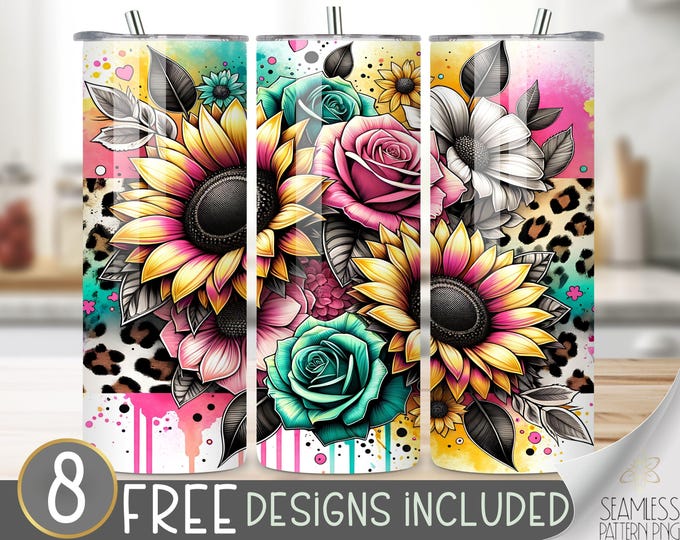 Sunflower Leopard Tumbler Wrap, Flower Sublimation Tumbler Wrap, Seamless 20oz Skinny Tumbler Design, Boho Floral Tumbler Wrap, Neon Leopard