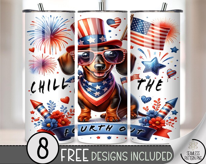 Chill the Fourth Out 20 oz Tumbler Wrap PNG, Patriotic Dachshund Fireworks Dog Sublimation Design, USA Flag Red White Blue PNG Wrap, A295