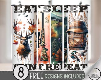 Hunting 20oz Tumbler Wrap PNG, Eat Sleep Hunt Repeat Sublimation Design for Deer Ducks Hunters, 20oz Cup Sleeve A419