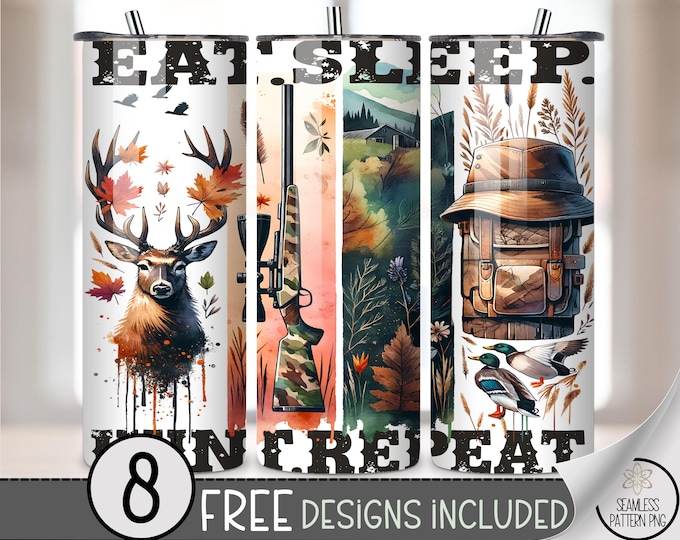Hunting 20oz Tumbler Wrap PNG, Eat Sleep Hunt Repeat Sublimation Design for Deer Ducks Hunters, 20oz Cup Sleeve A419