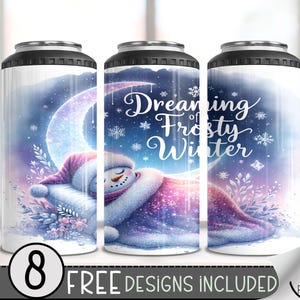Snowman 4 In 1 Can Cooler Tumbler Wrap, Frosty Winter Sublimation Design, Sleepy 16 Oz Slim, Moon Snow 16 Oz Can Cooler Sublimation Design
