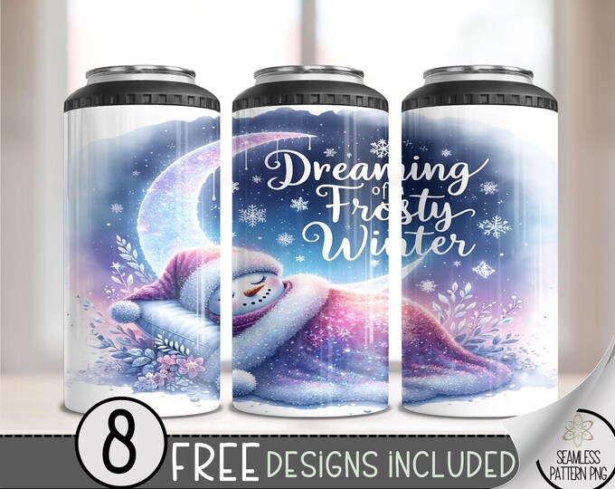 Snowman 4 In 1 Can Cooler Tumbler Wrap, Frosty Winter Sublimation Design, Sleepy 16 Oz Slim, Moon Snow 16 Oz Can Cooler Sublimation Design