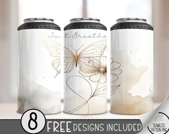 Just Breathe 4 in 1 Can Cooler Wrap, Boho Butterfly Floral 16 oz 4-in-1 Cooler Sublimation, Sleek Minimalist 4in1 Can Wrap Design, A170
