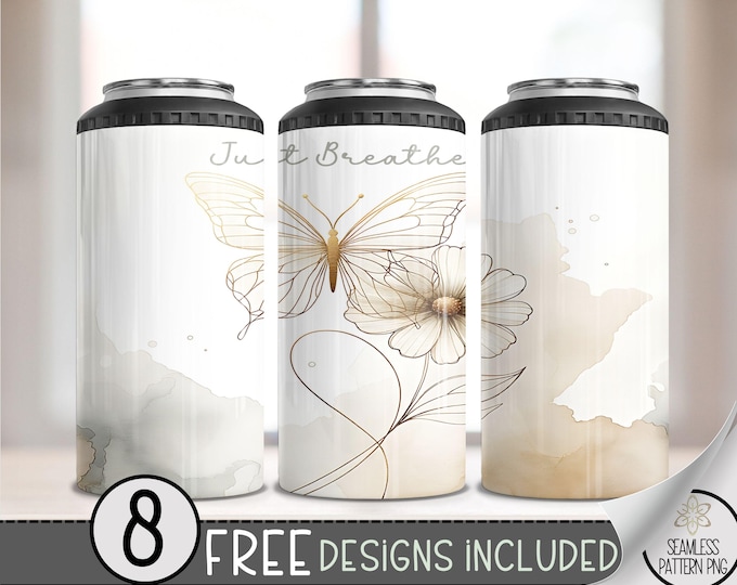 Just Breathe 4 in 1 Can Cooler Wrap, Boho Butterfly Floral 16 oz 4-in-1 Cooler Sublimation, Sleek Minimalist 4in1 Can Wrap Design, A170