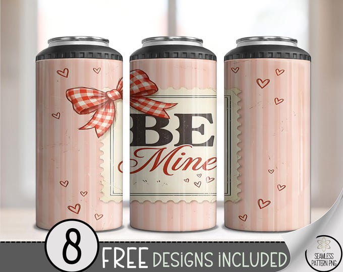 Be Mine Stamp 4 in 1 Can Cooler Wrap, Cute Valentine Hearts, Digital Download for Sublimation, Pink Romantic Valentines PNG, A741
