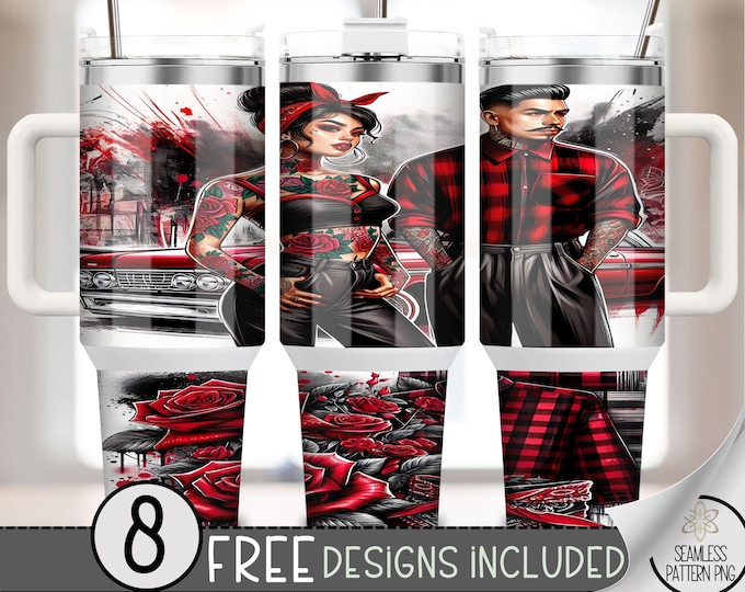 LA Chicano Cholo Couple 40oz Tumbler Wrap, Chicano Style Lowrider Tumbler Sublimation Design, LA Sugar Skull 40oz Quencher Tumbler Wrap, A54