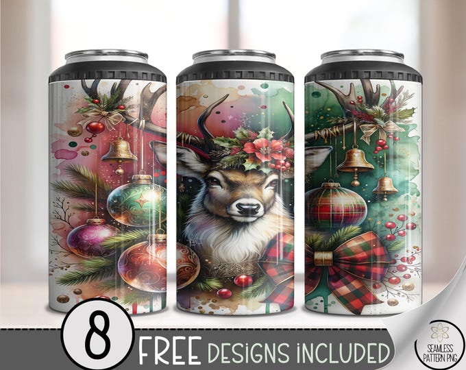 Reindeer 4in1 Can Cooler Wrap, Holiday Cheer Sublimation Design, Vibrant Christmas Reindeer with Ornaments, Printable Can Wrap, A550