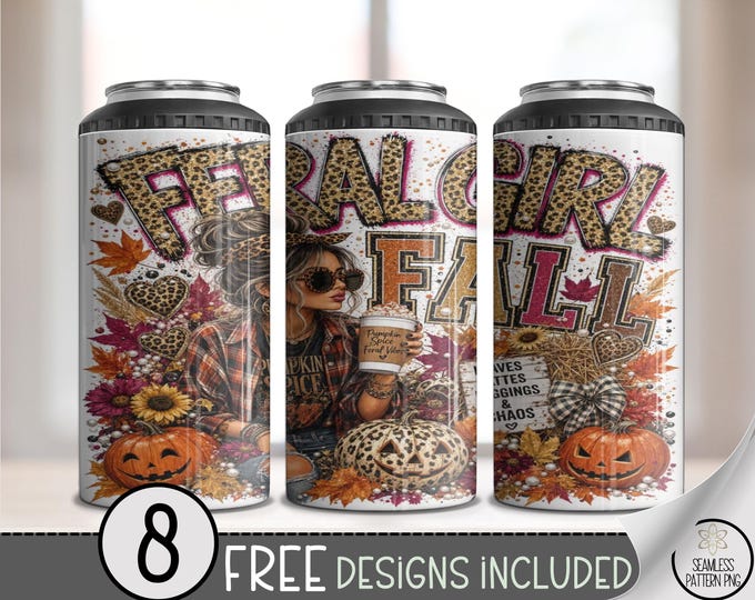 Fall Feral Girl 4-in-1 Can Cooler Wrap, Leopard Autumn Sublimation Design, Digital Download, B10442