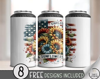 4-in-1 Can Cooler Wrap, Stars and Sunflowers Sublimation PNG, Red White Blue Floral Patriotic Wrap Can Cooler PNG Instant Download, A326