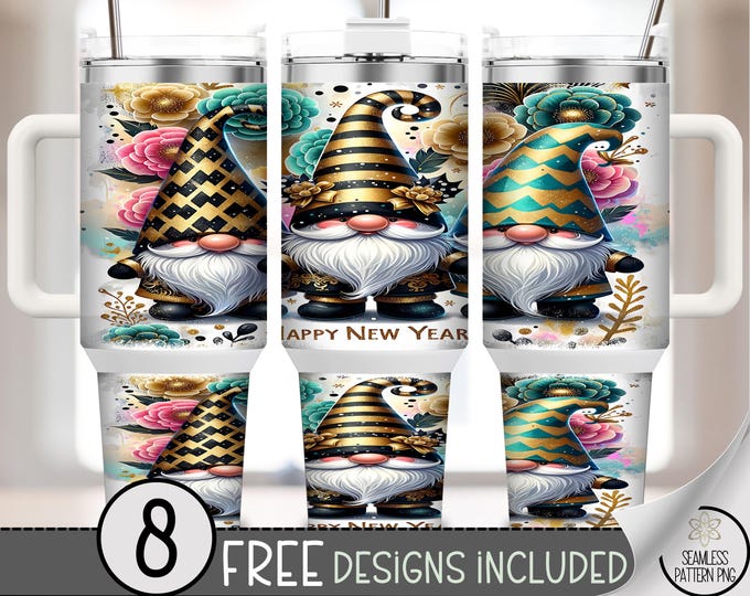New Year Gnome 40 oz Tumbler Wrap PNG, Holiday NYE, Digital Download Sublimation Design Quencher, A703