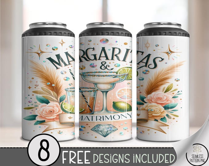 Margs and Matrimony 4 in 1 Can Cooler Wrap, Bachelorette Party Design, Bride to Be, 16 oz 4n1 Sublimation Margarita Themed, A622