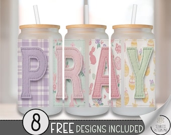 Easter PRAY Glass Can Wrap, Pastel Faux Patchwork 16oz Glass Tumbler Sublimation Design, Digital Download, Faux Fabric PNG File A829