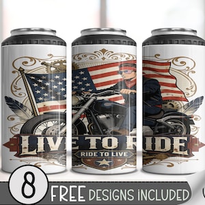 May include: White insulated tumbler with a black top featuring a motorcycle design. The design includes an American flag, a biker, and the text "Live to Ride". Includes 8 free designs.