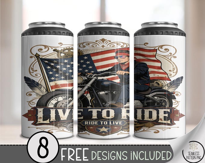 Motorcycle 4-in-1 Can Cooler Wrap, LIVE TO RIDE Sublimation Design, Americana 16 oz 4-in-1 File, Digital Download, B10268