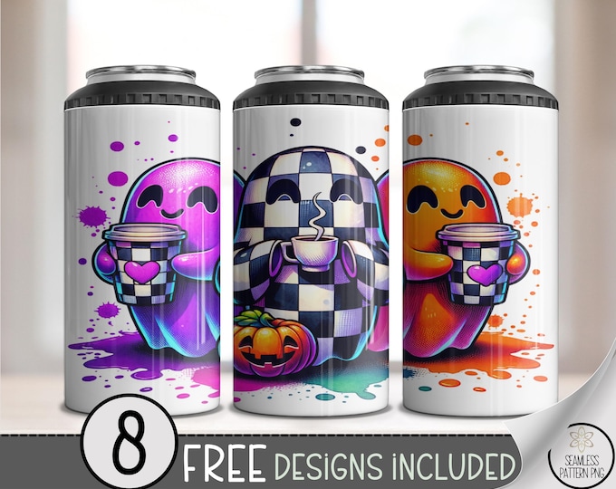 4-in-1 Tumbler Wrap Ghost Coffee Cup PNG, Cute Halloween Sublimation, Checkered Spooky Fall Design, Kawaii Rainbow Ghost PNG, A370