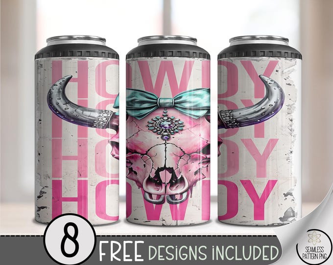 Colorful Howdy Skull Can Cooler Wrap Set, Western Style 4in1 Can Sleeve Design,Rustic Bull PNG, Southwestern Coquette Sublimation File, A413