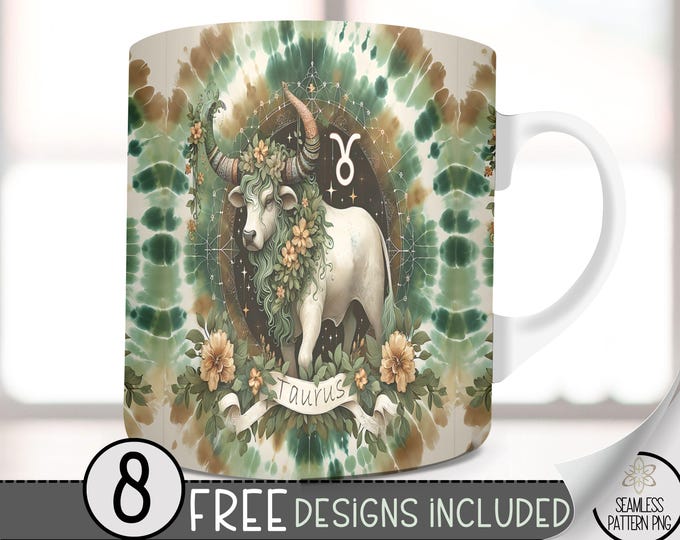 Taurus 11Oz Mug Template, Coffee Mug Png, 11 Oz Mug Wrap, Zodiac Mug, Astrology Mug Sublimation Designs,Seamless Zodiac Sign, Tie Dye PNG