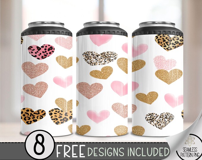 Seamless Valentine's Day 4 in 1 Can Cooler Wrap, Simple Heart 4in1 Tumbler PNG,  Heart Pattern 16 Oz Can Cooler Sublimation Design,Vday Love