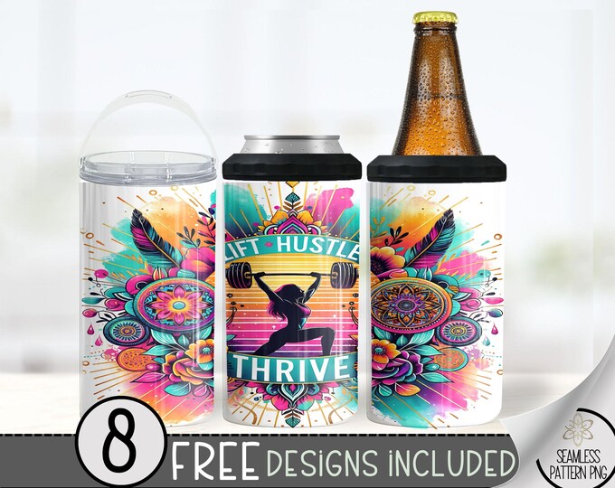 Fitness 4 in 1 Can Cooler Wrap, Exercise 4in1 Tumbler PNG, Motivational Gym 16 Oz Can Cooler Sublimation Design,Hustle Workout Hard Can File