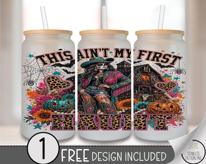 Halloween Sugar Skull Cowgirl Glass Can Wrap, 16oz Tumbler Sublimation Design PNG, Digital Download, B10447