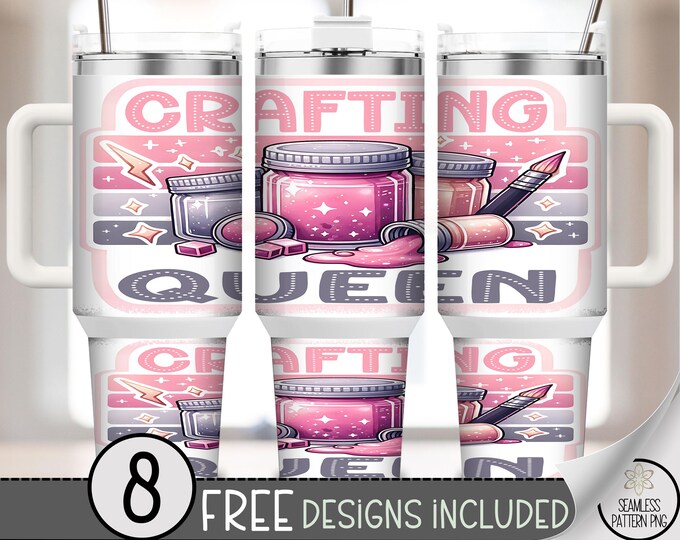 Crafting Queen 40 oz Tumbler Wrap PNG, Sparkling Pink Glitter Jar and Brush Design, Fun Crafter Sublimation PNG, A337