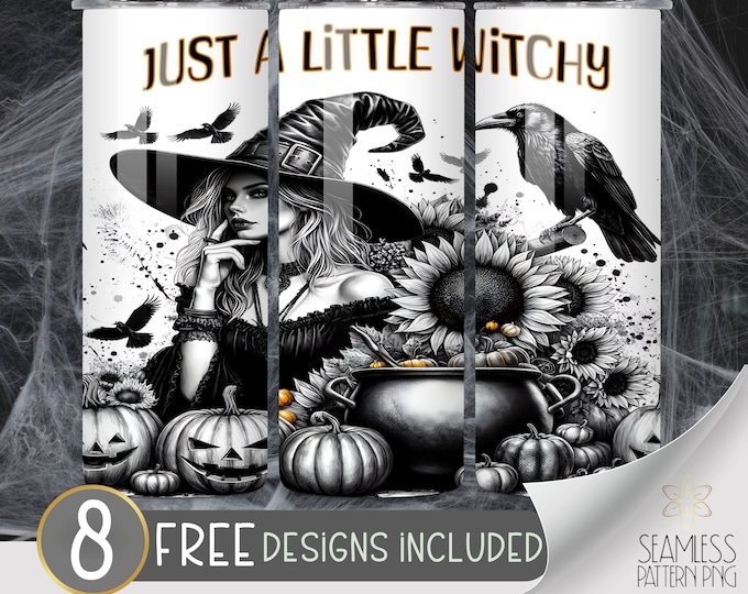 Witchy Halloween 20 oz Skinny Tumbler Sublimation Design, Halloween Tumbler Wrap PNG, Just A Little Witchy, Halloween Witch Instant Download