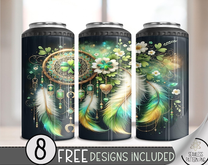 St. Patrick's Dreamcatcher 4 in 1 Can Cooler Wrap, St Pattys 4 in 1 Tumbler PNG, Shamrock 16 Oz Can Cooler Wrap, Clover Sublimation Design